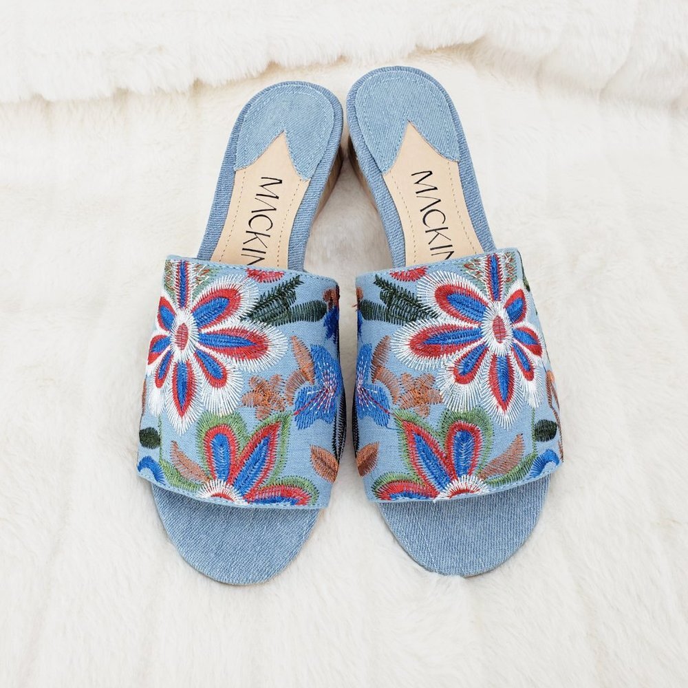Flower Power Embroidered Denim slip on mule clogs Wood Wrap Heels 70's - Picture 2 of 10
